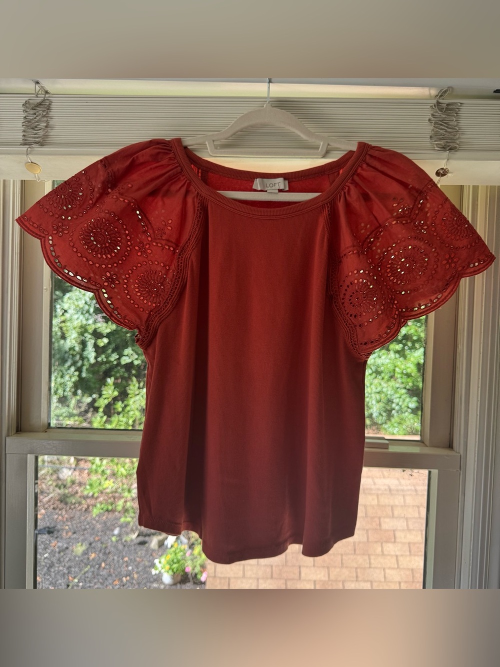 LOFT Brick Red Eyelet Flutter Sleeve Tee